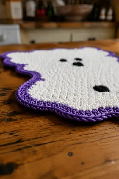 White Ghost Halloween Table Runner with Wavy Purple Border Pattern step 2 - assembly progress