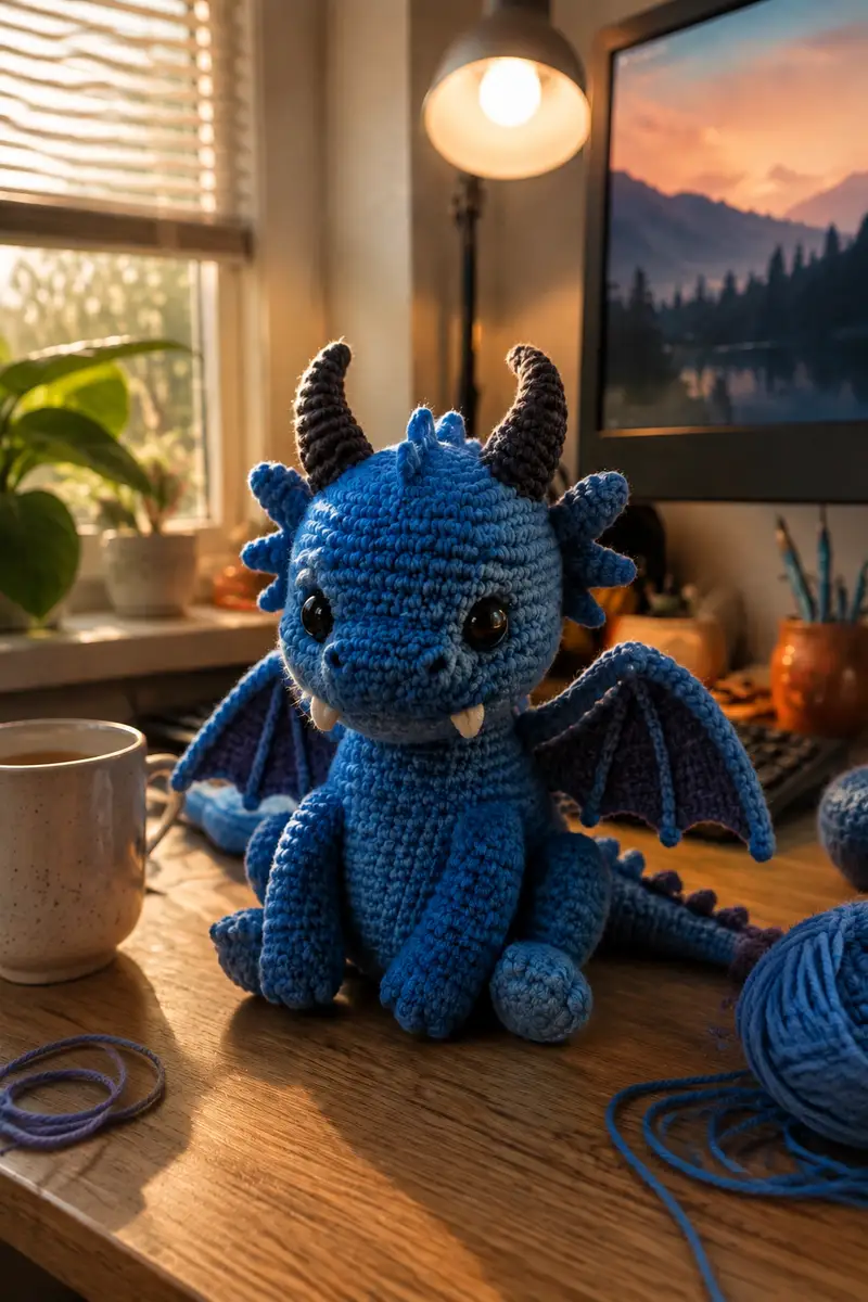 Small Blue Demon Dragon with Baby Fangs Amigurumi Pattern crochet pattern - detailed view of completed project
