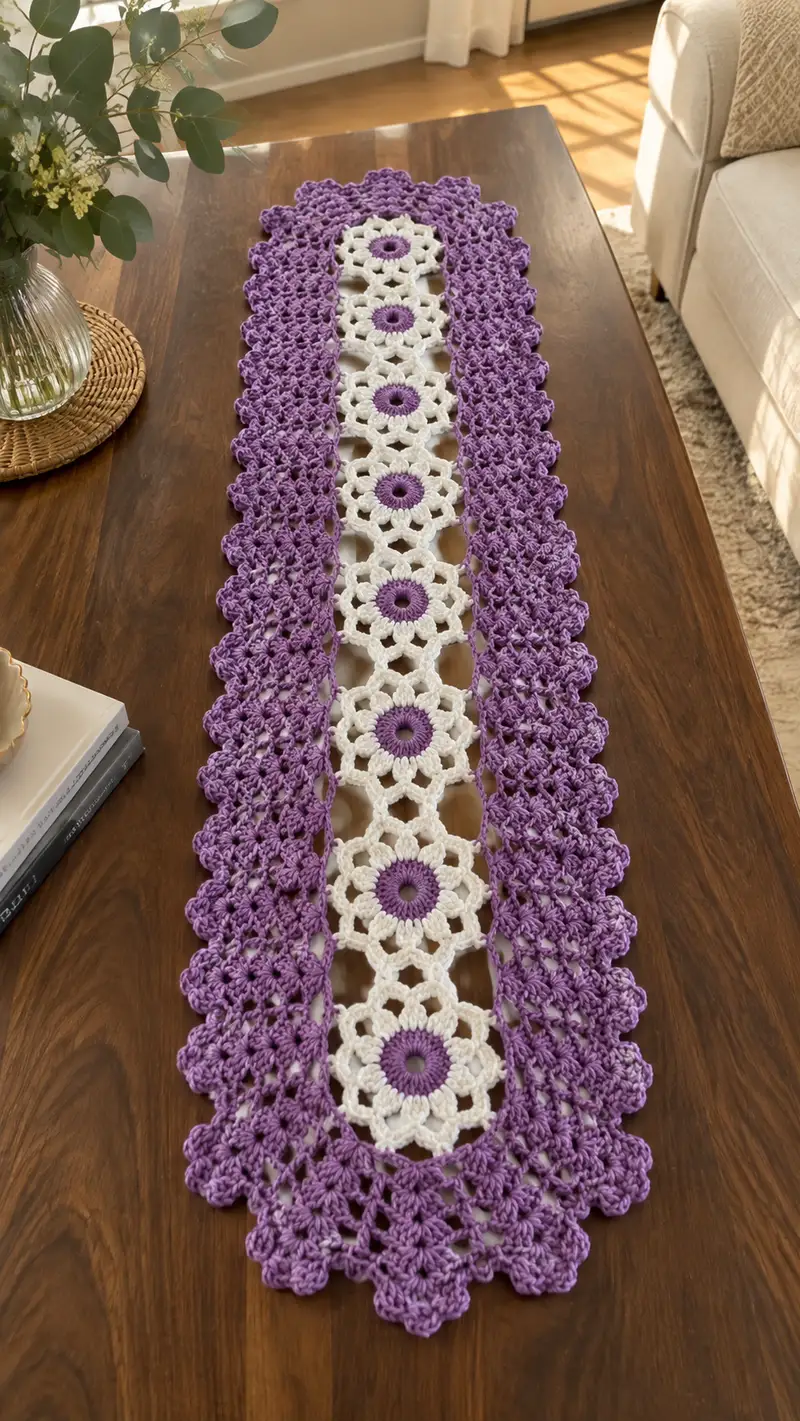 Lacy Daisy Table Runner Pattern crochet pattern - detailed view of completed project