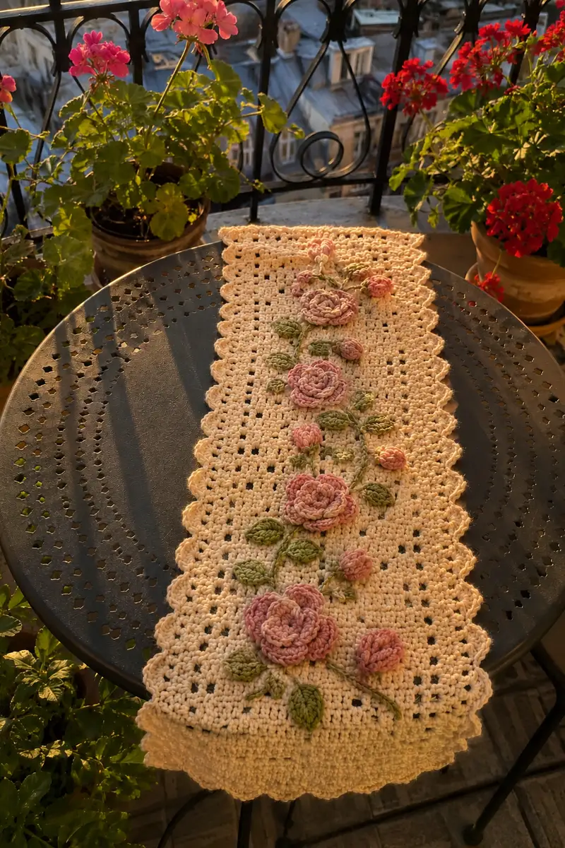 Cream Cottage Rose and Leaf Table Runner Pattern crochet pattern - detailed view of completed project