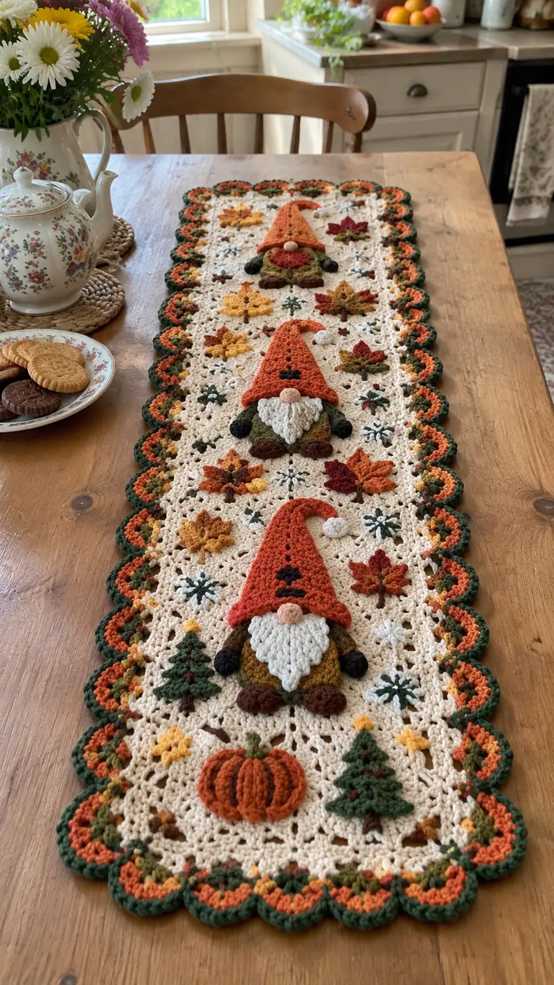 Autumn Gnome Table Runner Pattern crochet pattern - detailed view of completed project