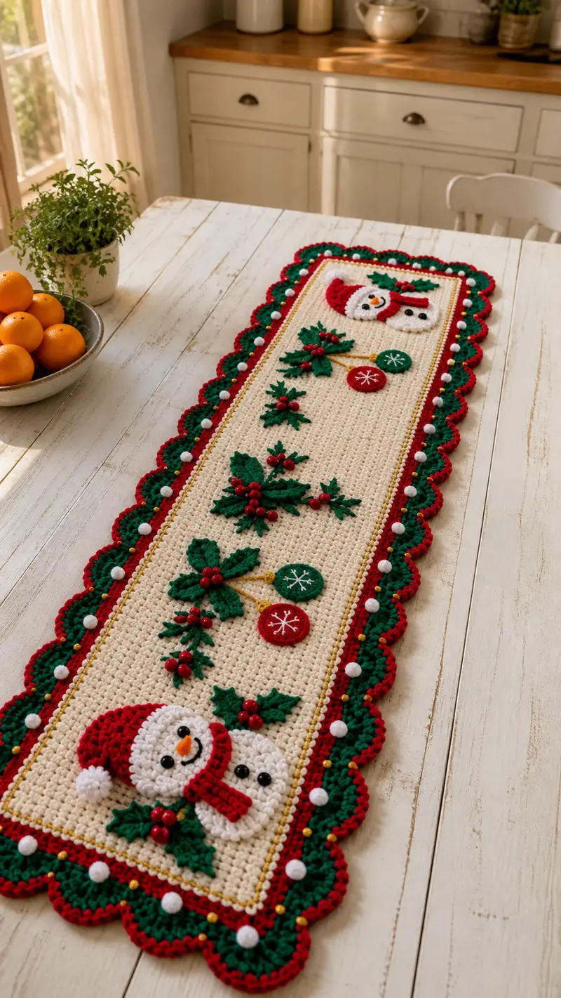Festive Snowman & Holly Table Runner Pattern crochet pattern - detailed view of completed project