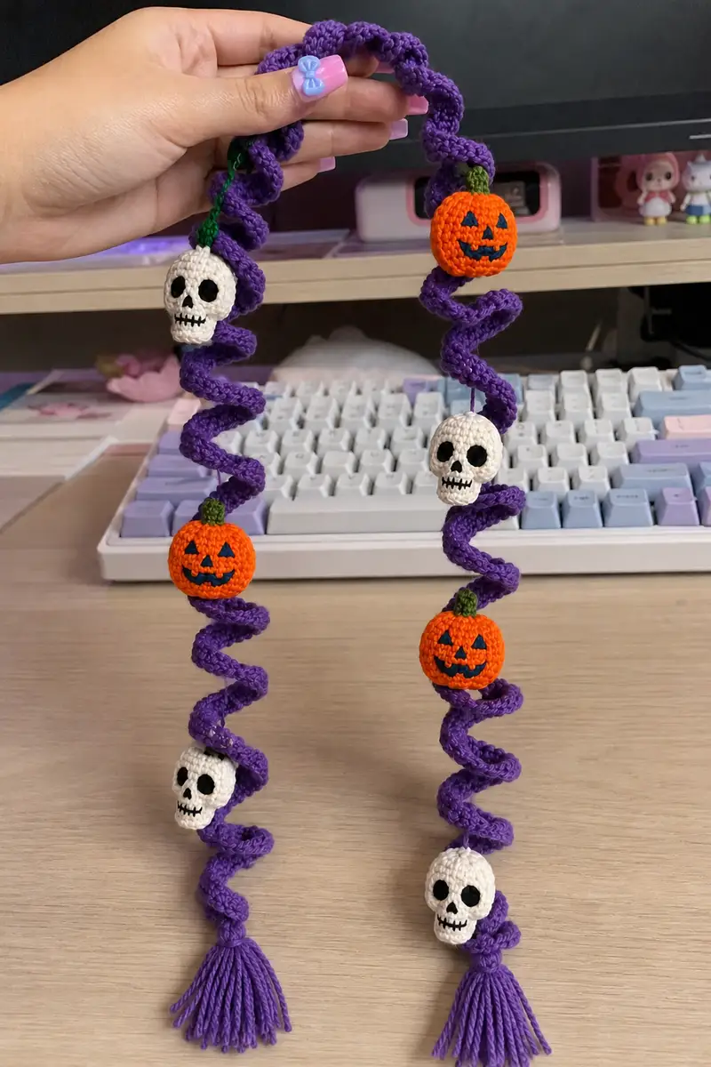 Free crochet pattern: Purple Spiral Halloween Garland with Skulls and Pumpkins Pattern - Intermediate level tutorial