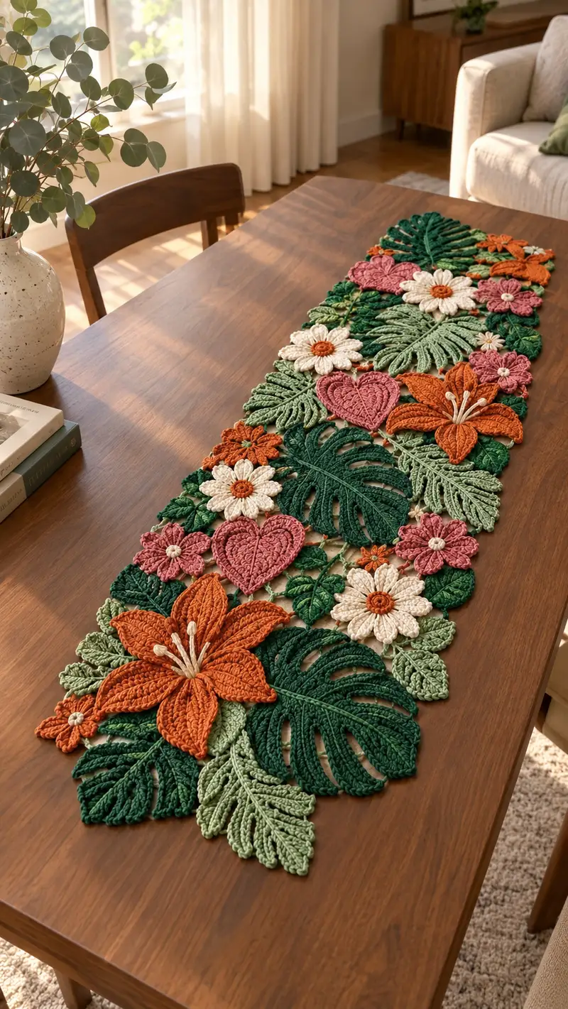 Botanical Bloom Table Runner Pattern crochet pattern - detailed view of completed project