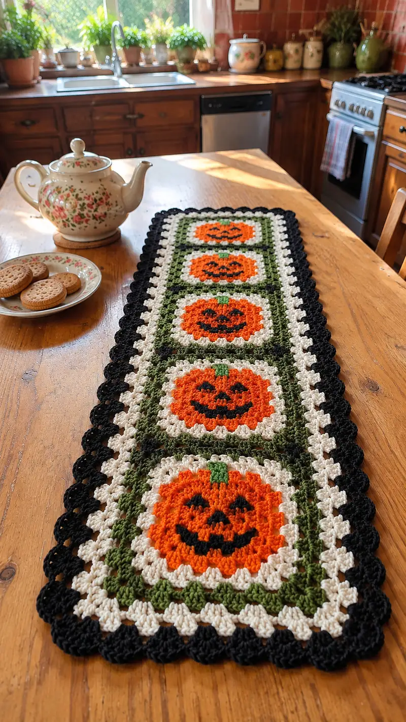 Jack O Lantern Granny Square Table Runner Pattern crochet pattern - detailed view of completed project