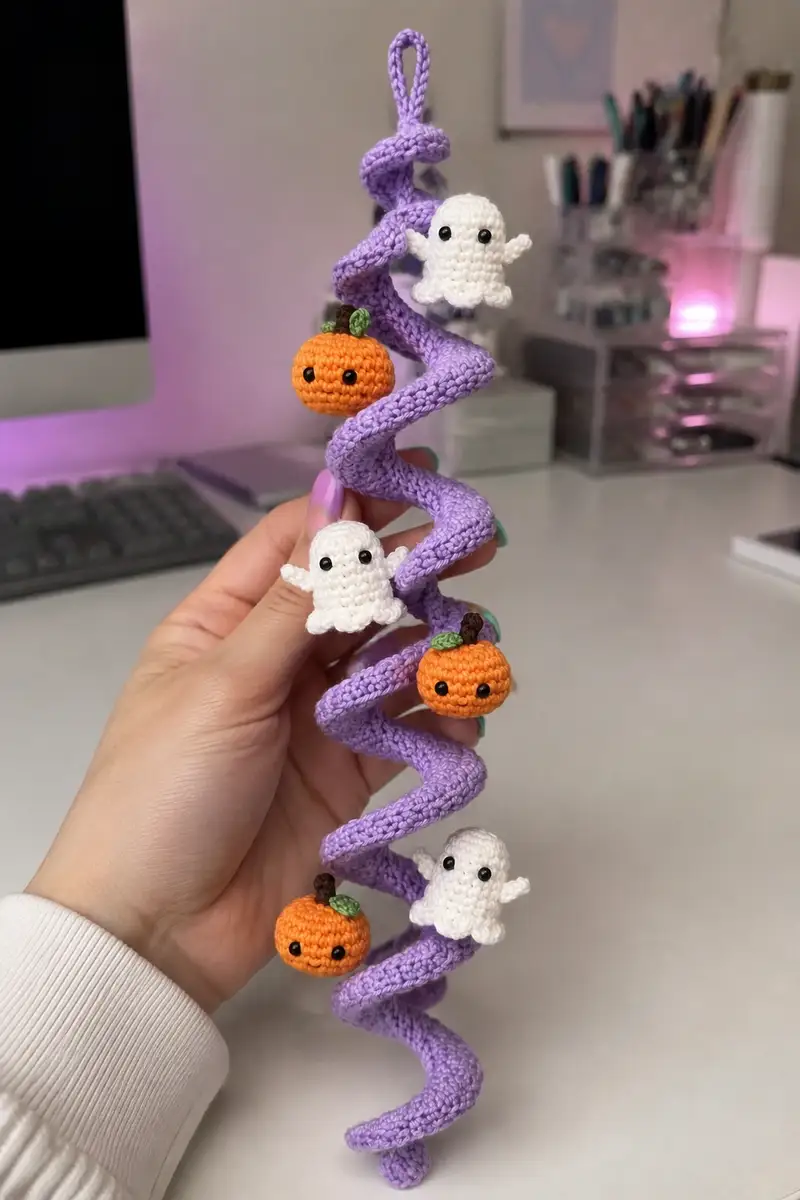 Pastel Purple Spiral Halloween Garland with Baby Phantoms and Pumpkins Amigurumi Pattern crochet pattern - detailed view of completed project