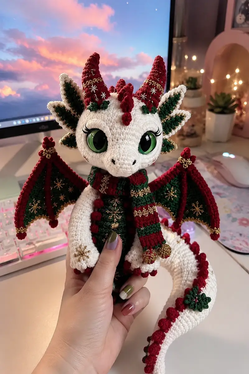 Festive Dragon Amigurumi Pattern crochet pattern - detailed view of completed project