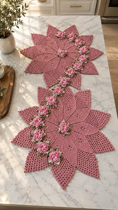 Elegant Rose Star Crochet Table Runner Pattern step 1 - construction progress