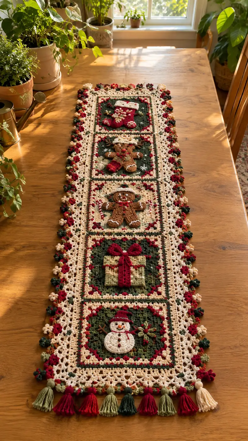 Gingerbread And Snowman Cream Red Table Runner Pattern crochet pattern - detailed view of completed project