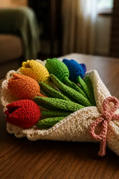 Rainbow Tulip Crochet Bouquet Pattern step 2 - assembly progress