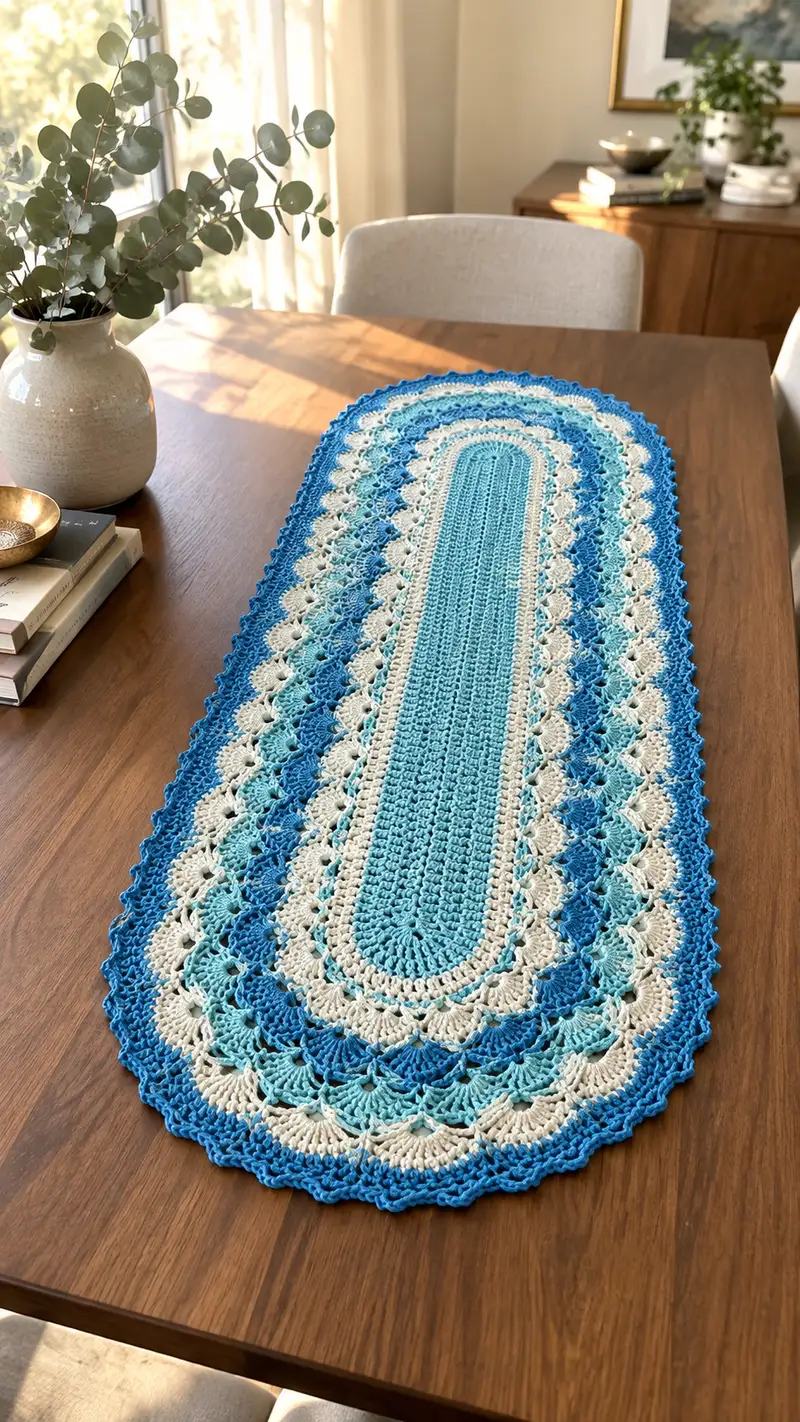 Ocean Lace Table Runner Pattern crochet pattern - detailed view of completed project
