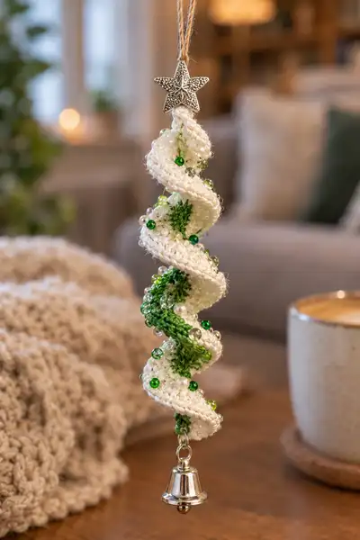 Spiral Christmas Tree Hanging Ornament Pattern step 2 - assembly progress