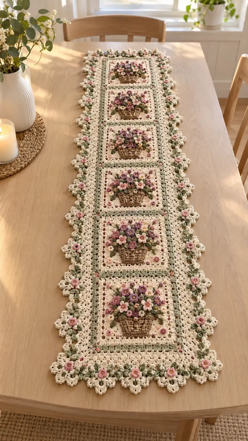 Cream Pink Floral Basket Table Runner Pattern crochet pattern - detailed view of completed project