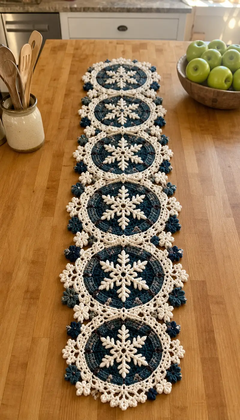 Cream Snowflake Teal Lace Table Runner Pattern crochet pattern - detailed view of completed project