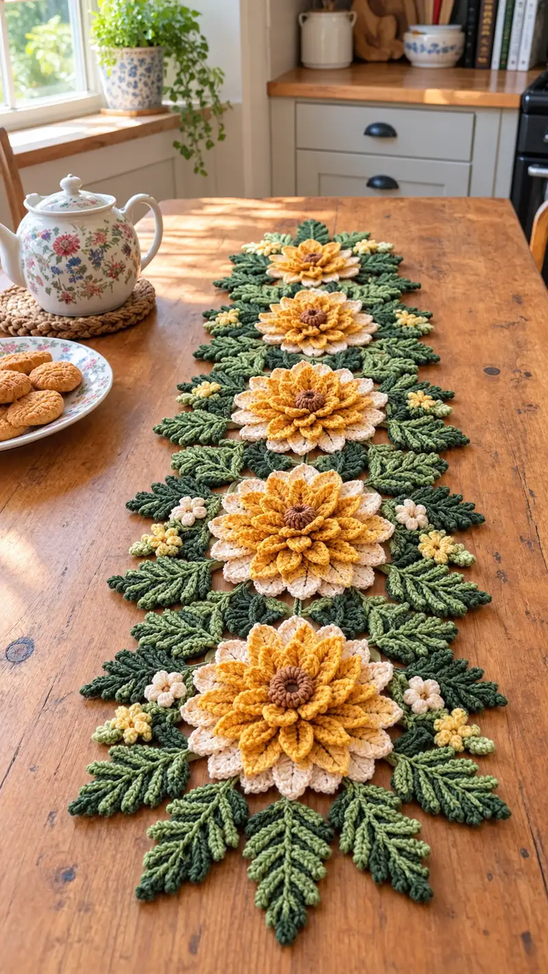 Sunflower Lace Table Runner Pattern crochet pattern - detailed view of completed project