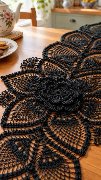 Elegant Black Lace Table Runner Pattern step 2 - assembly progress