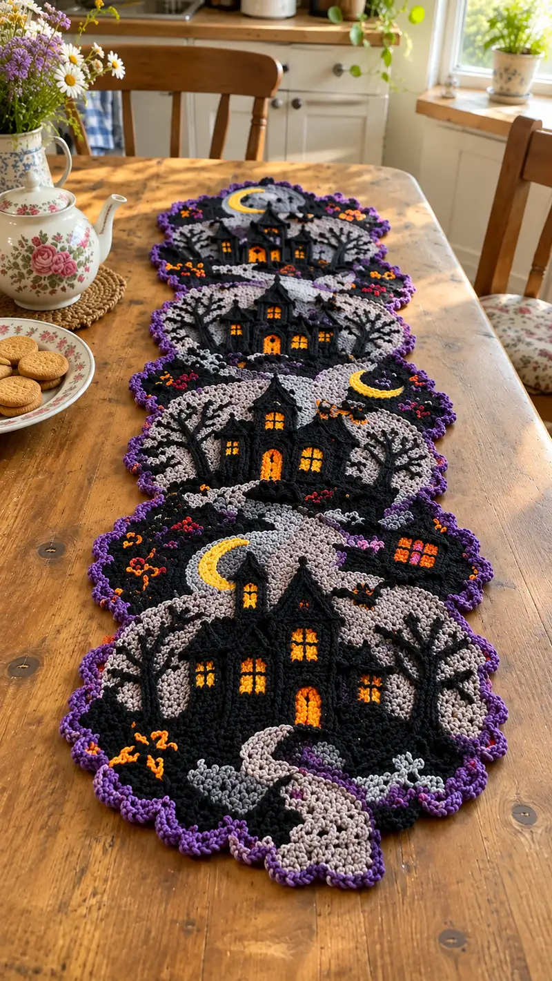 Haunted House Halloween Table Runner Pattern crochet pattern - detailed view of completed project