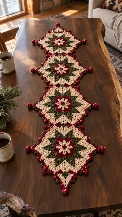 Burgundy Forest Green Star Medallion Table Runner Pattern step 1 - construction progress