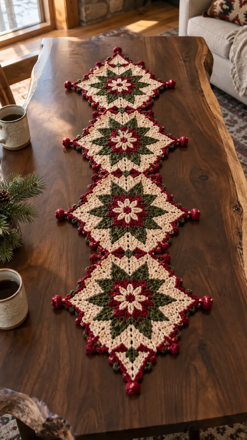 Burgundy Forest Green Star Medallion Table Runner Pattern crochet pattern - detailed view of completed project