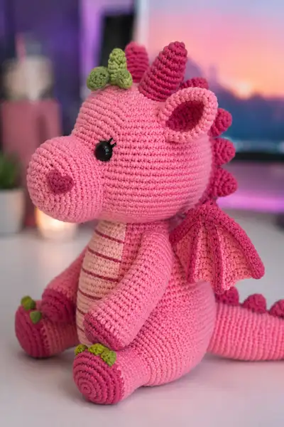Big Strawberry Pink Dragon with Heart-Shaped Cheeks Amigurumi Pattern step 2 - assembly progress