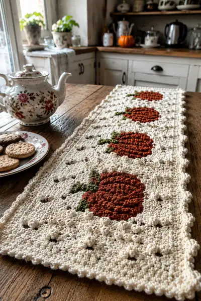 Cream Farmhouse Halloween Table Runner with Rust Pumpkins and Bobbles Pattern step 1 - construction progress