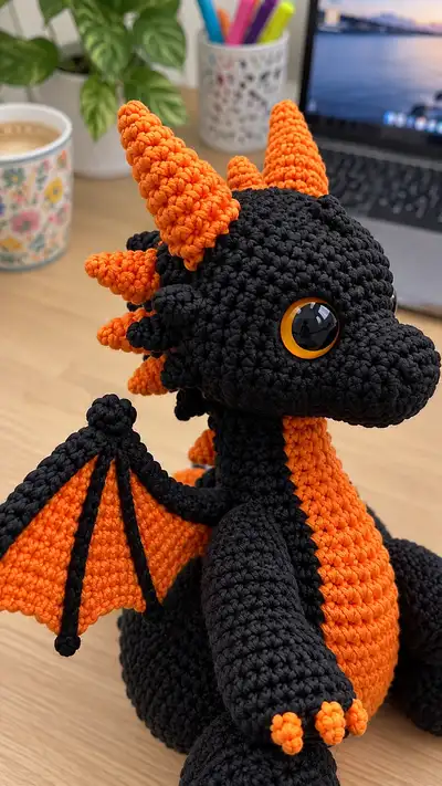 Black and Orange Dragon Amigurumi Pattern step 2 - assembly progress