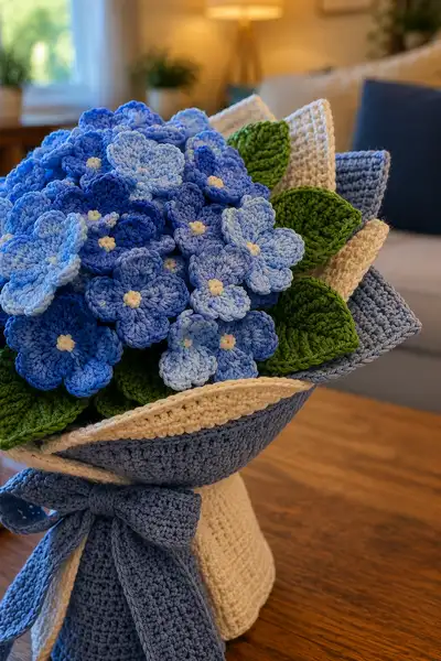 Blue Hydrangea Crochet Bouquet Pattern step 2 - assembly progress