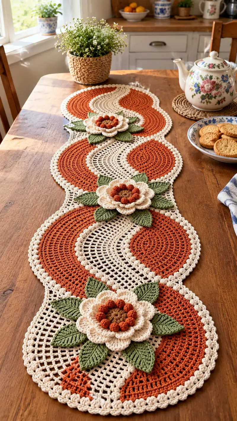 Autumn Bloom Table Runner Pattern crochet pattern - detailed view of completed project