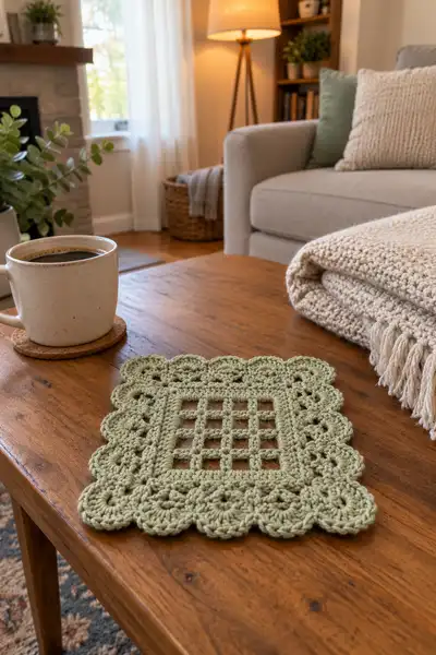 Sage Green Natural Bedspread Square Motif Pattern step 2 - assembly progress