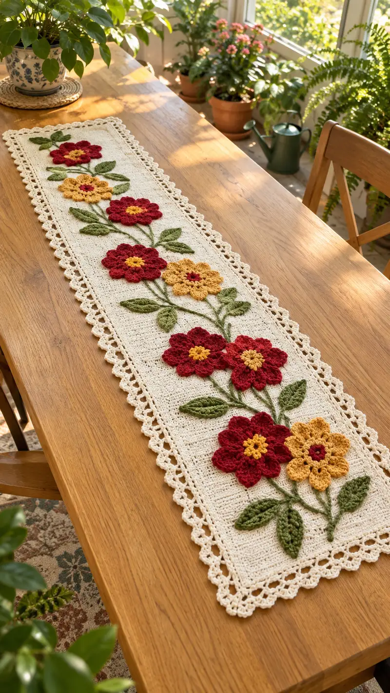 Vintage Floral Table Runner Pattern crochet pattern - detailed view of completed project
