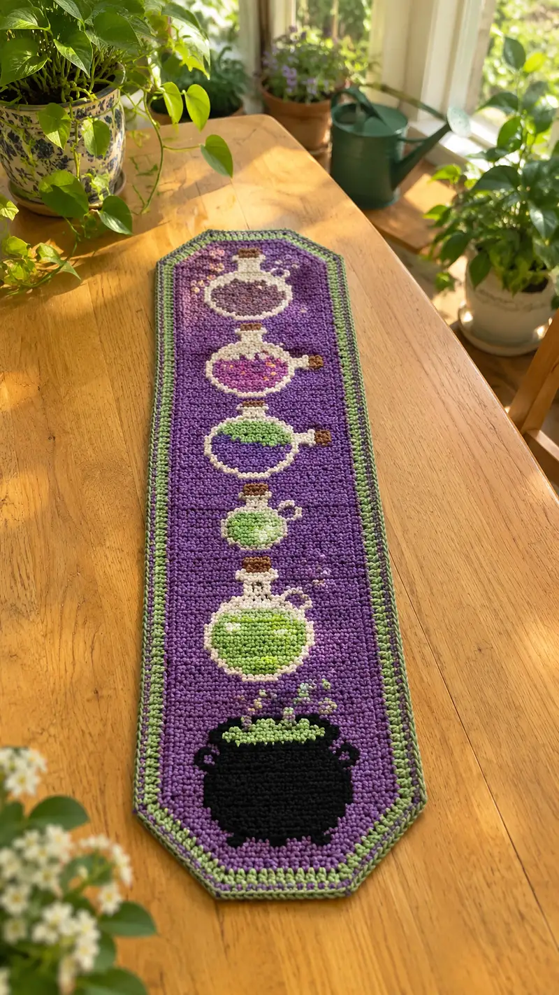 Potion Bottle Table Runner Pattern crochet pattern - detailed view of completed project
