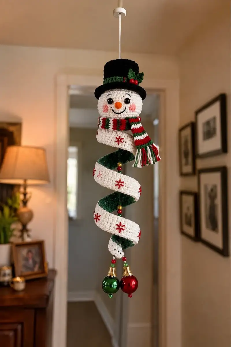 Festive Spiral Snowman Amigurumi Pattern crochet pattern - detailed view of completed project