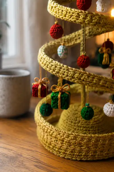 Gold Spiral Christmas Garland with Baubles and Tiny Presents Pattern step 2 - assembly progress