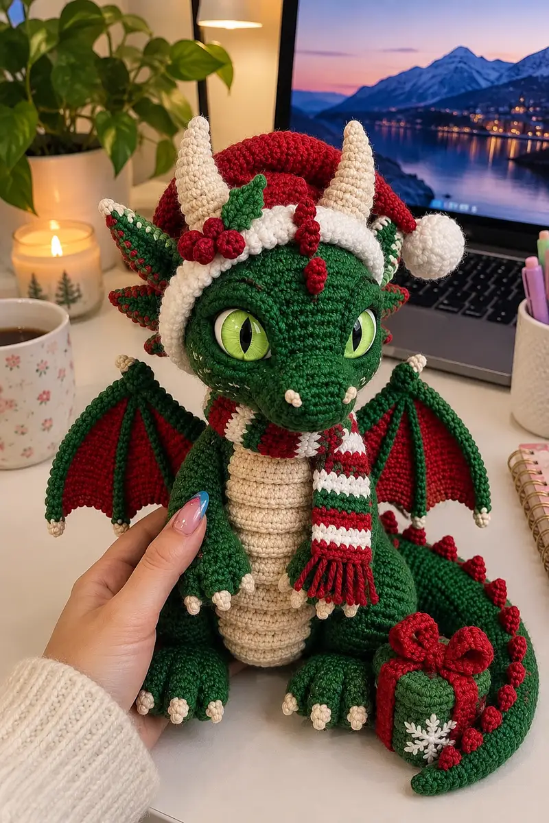 Christmas Dragon Amigurumi Pattern crochet pattern - detailed view of completed project