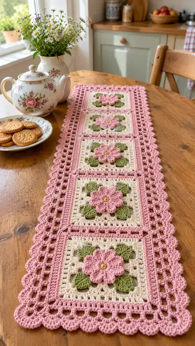 Vintage Floral Granny Square Table Runner Pattern step 1 - construction progress