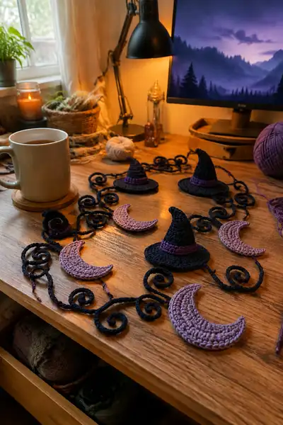 Midnight Spiral Halloween Garland with Witch Hats and Moons Pattern step 1 - construction progress