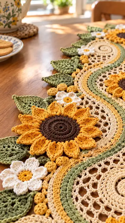 Sunflower Lace Table Runner Pattern step 2 - assembly progress