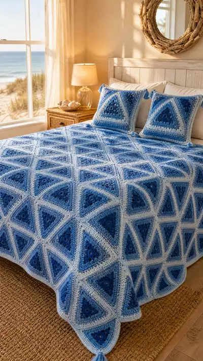 Denim Triangle Granny Bedspread Pattern step 1 - construction progress