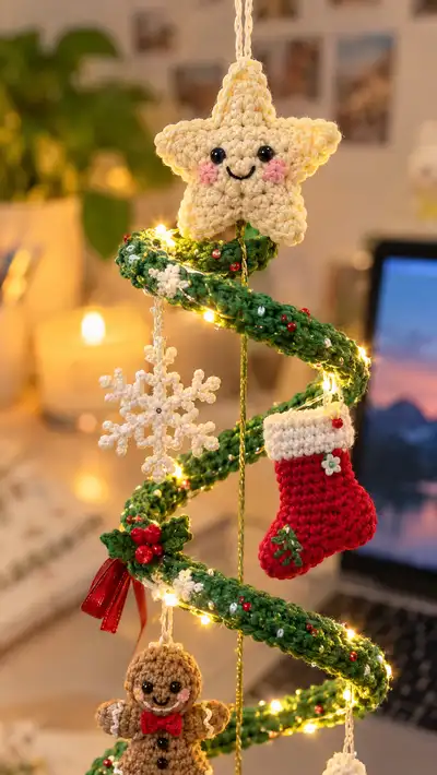 Spiral Mini Christmas Tree Mobile Amigurumi Pattern step 2 - assembly progress