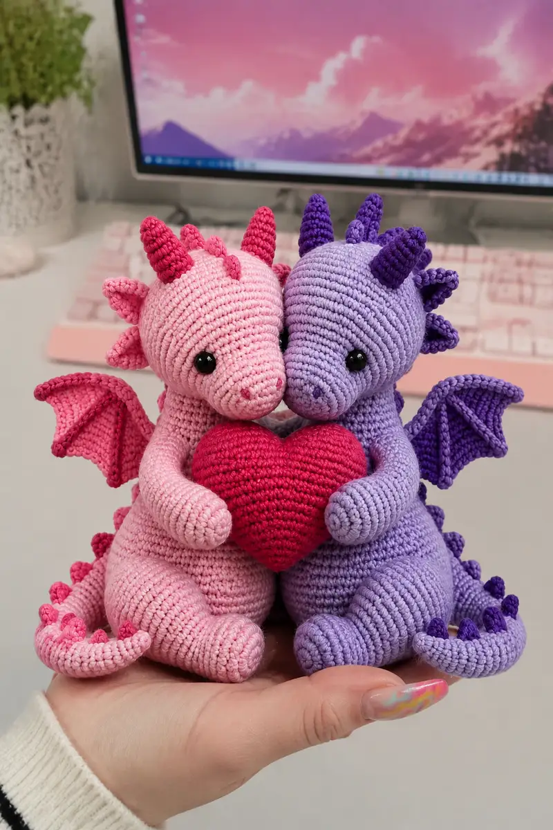 Big Sweetheart Dragon Couple Holding One Heart Amigurumi Pattern crochet pattern - detailed view of completed project
