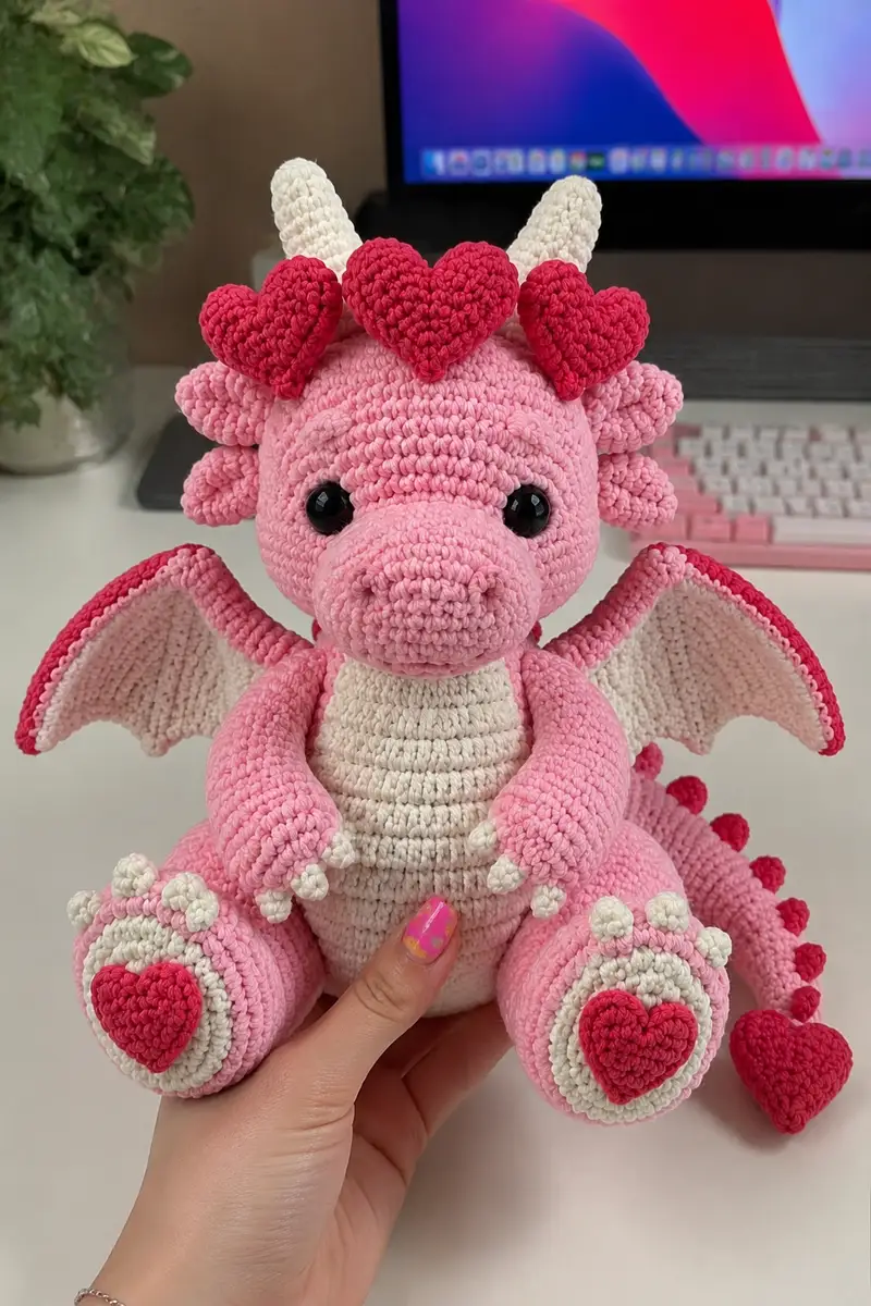 Free crochet pattern: Big Bubblegum Love Dragon with a Crown of Hearts Amigurumi Pattern - Intermediate level tutorial