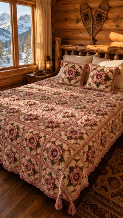 Dusty Rose Floral Granny Bedspread Pattern step 1 - construction progress