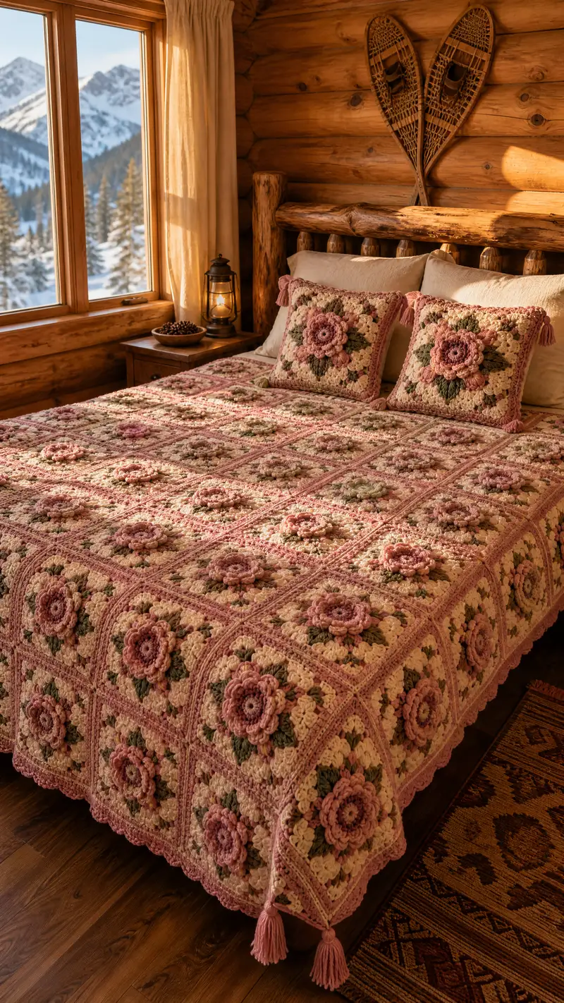 Free crochet pattern: Dusty Rose Floral Granny Bedspread Pattern - Advanced level tutorial