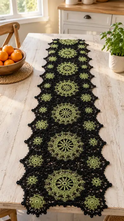 Green and Black Lace Medallion Table Runner Pattern step 1 - construction progress