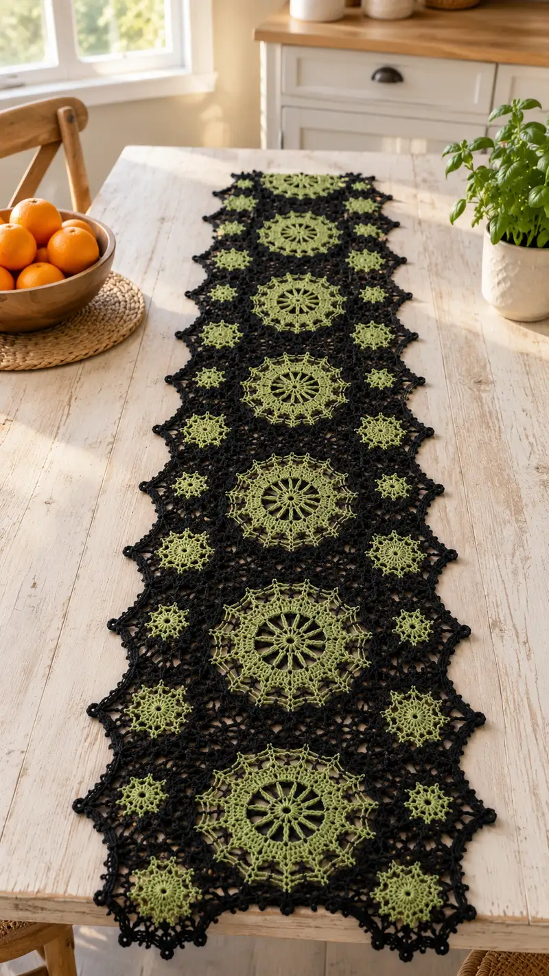 Green and Black Lace Medallion Table Runner Pattern crochet pattern - detailed view of completed project
