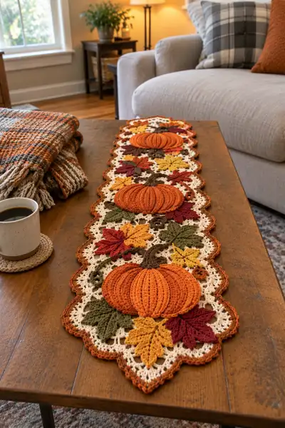 Fancy Pumpkin and Autumn Leaf Halloween Table Runner Pattern step 1 - construction progress