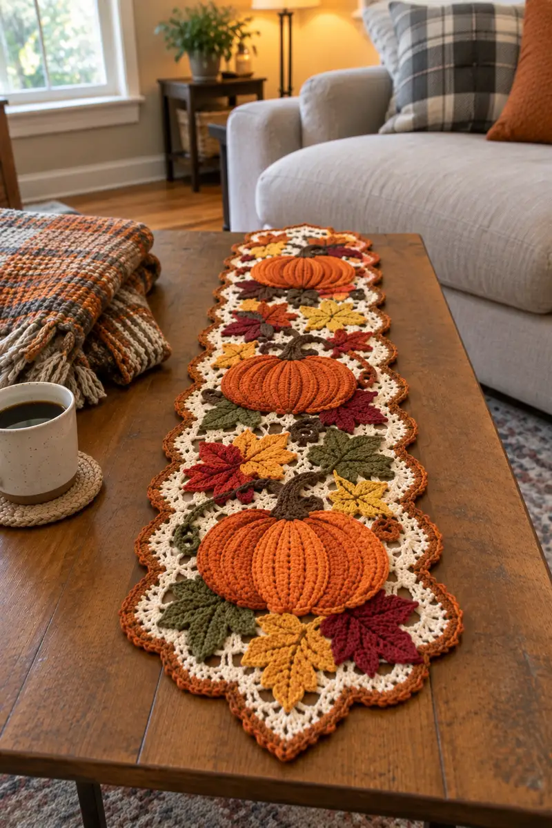 Fancy Pumpkin and Autumn Leaf Halloween Table Runner Pattern crochet pattern - detailed view of completed project