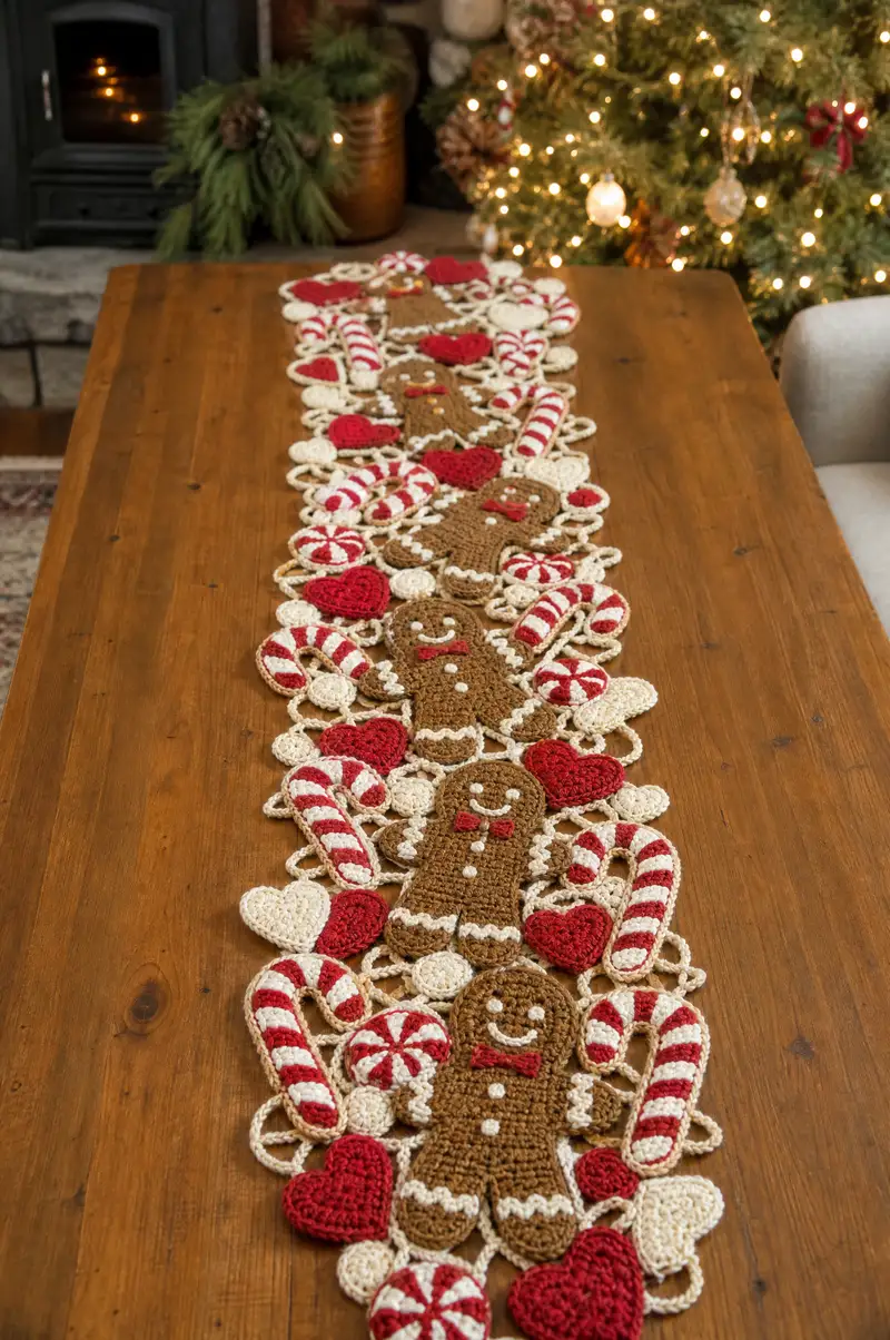 Long Gingerbread and Candy Cane Christmas Runner Pattern crochet pattern - detailed view of completed project
