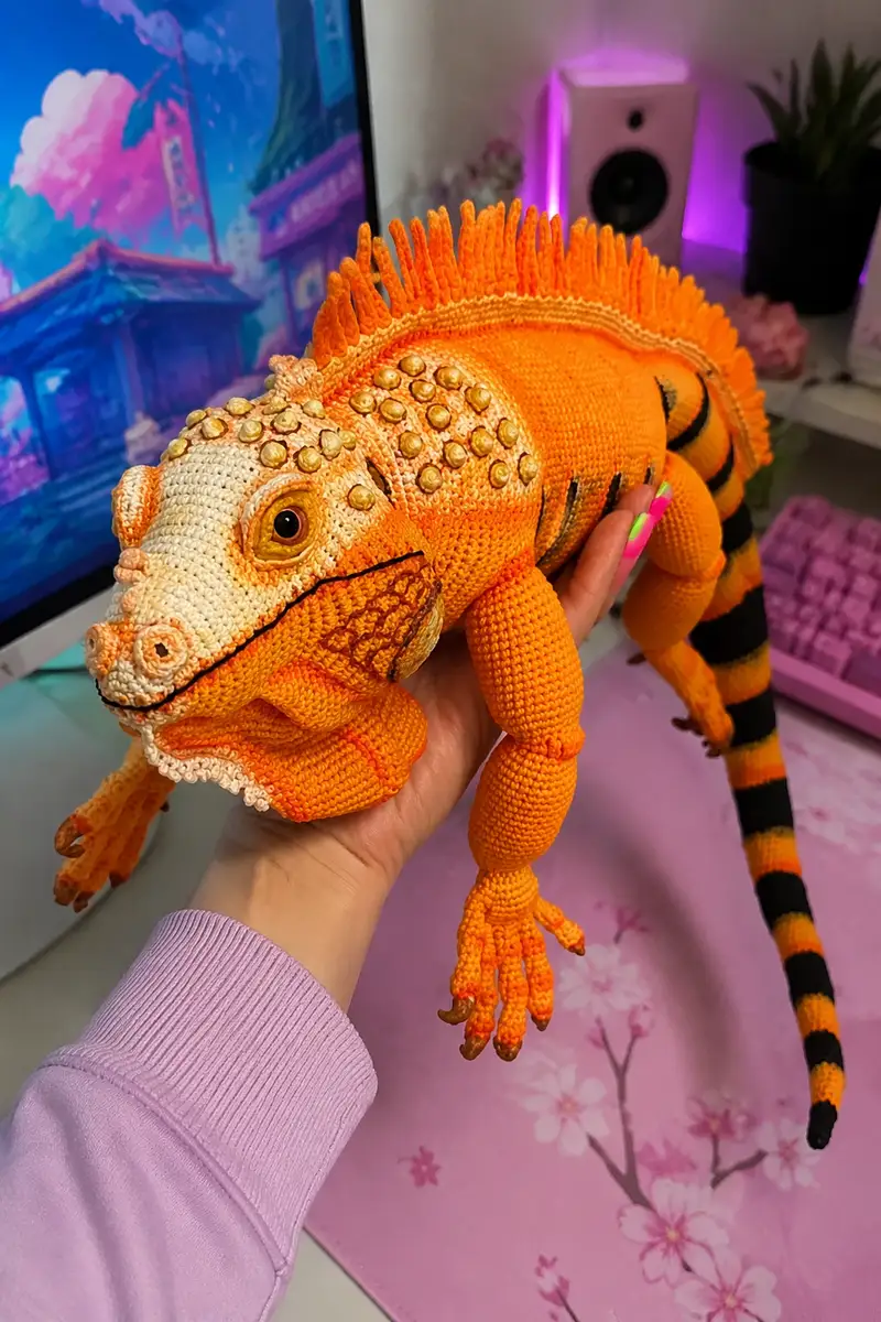 Giant Orange Iguana Amigurumi Pattern crochet pattern - detailed view of completed project
