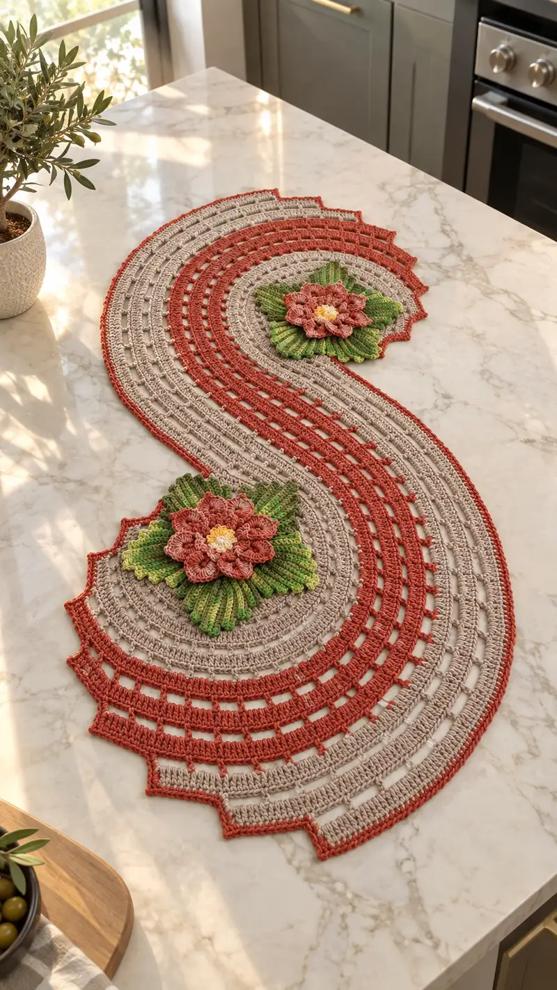 S-Shaped Floral Table Runner Pattern crochet pattern - detailed view of completed project